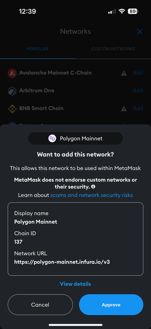 Schermopname van Metamask waarin het Polygon netwerk wordt toegevoegd
