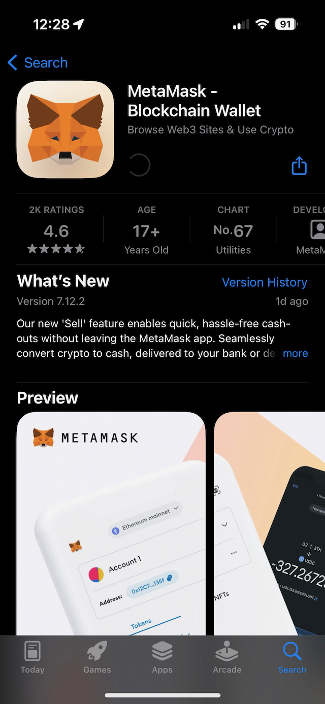 Schermfbeelding van de App Store waarin de Metamask app te zien is