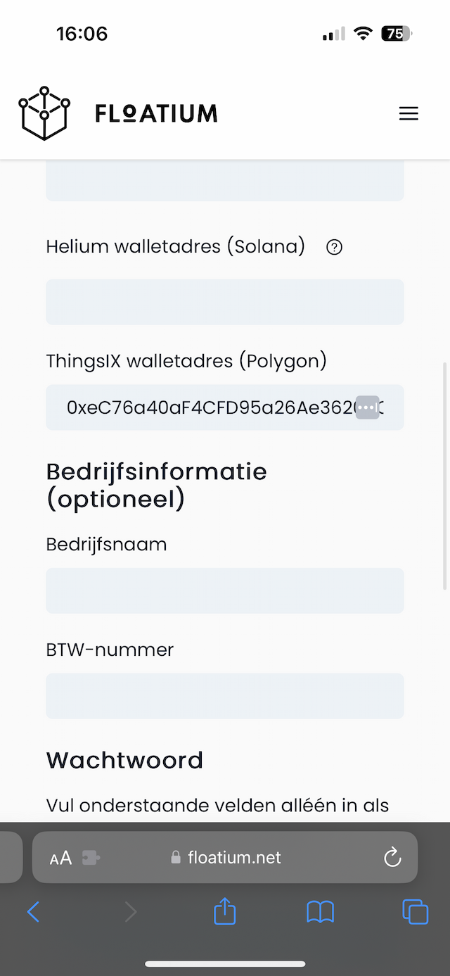 Schermafbeelding van de "Mijn gegevens" pagina op de website van Floatium, hier kan het walletadres worden ingevuld.