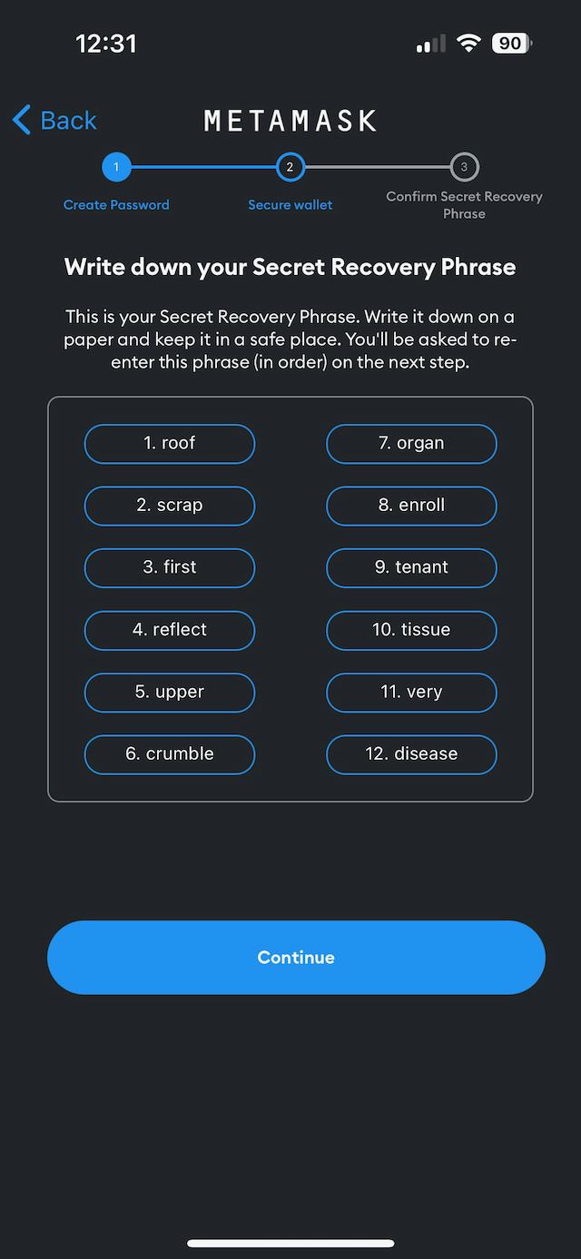 Schermafbeelding van Metamask waarin de 12 woorden worden getoond die nodig zijn om de wallet te herstellen.